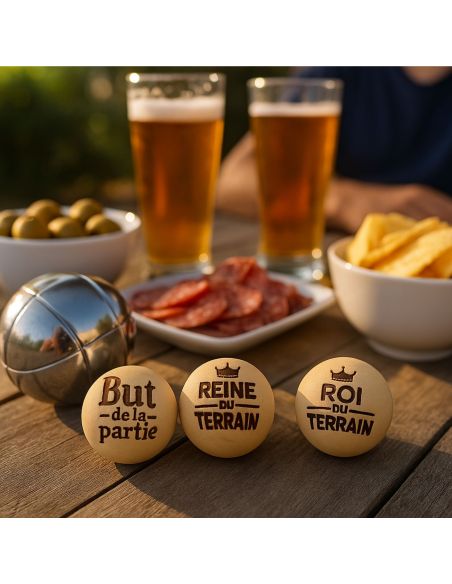 Lot de 3 Cochonnets de Pétanque en Bois Poli avec Message