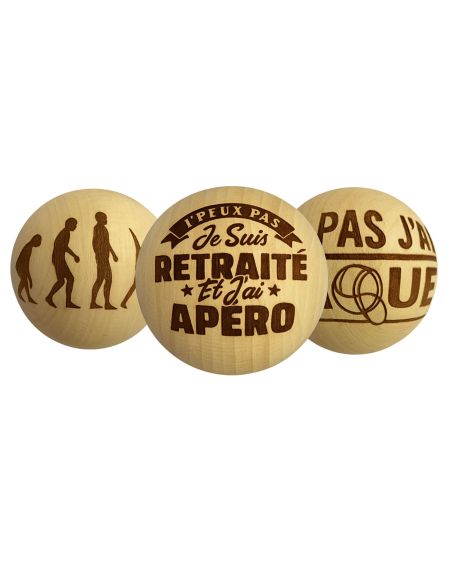 Lot de 3 Cochonnets de Pétanque en Bois Poli avec Message