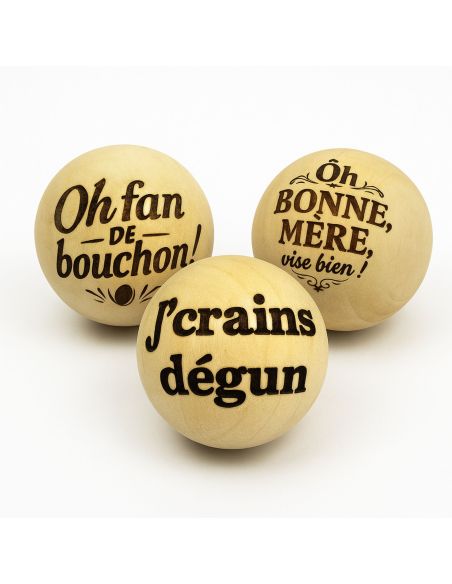 Lot de 3 Cochonnets de Pétanque en Bois Poli avec Message