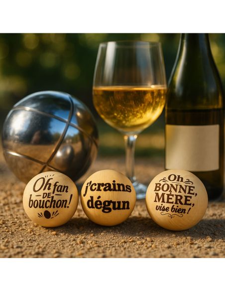 Lot de 3 Cochonnets de Pétanque en Bois Poli avec Message