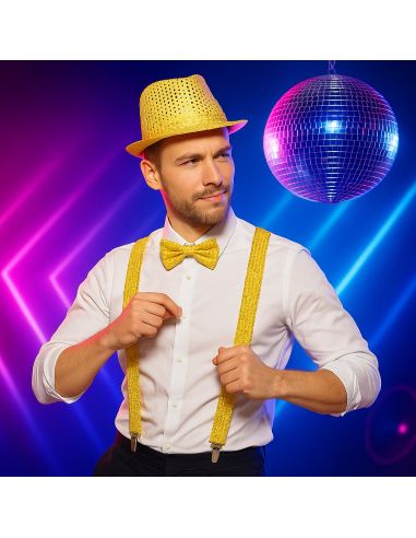 Set Disco à Sequins - Chapeau Borsalino, Nœud Papillon et Bretelles - Couleur : Or