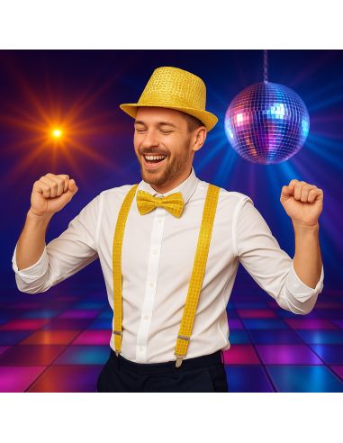 Set Disco à Sequins - Chapeau Borsalino, Nœud Papillon et Bretelles - Couleur : Or