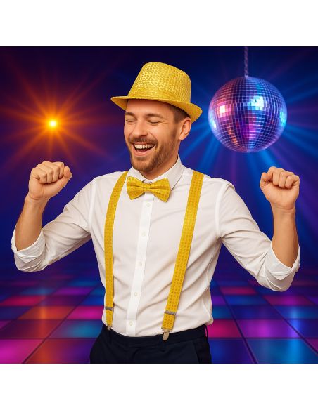 Set Disco à Sequins - Chapeau Borsalino, Nœud Papillon et Bretelles - Couleur : Or