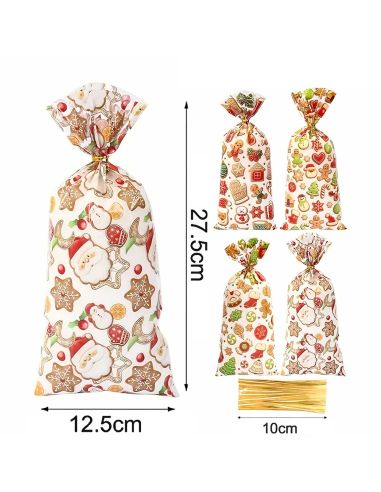 4 Sacs Cadeaux de Noël Transparent avec Attache – Motifs Festifs Père Noël & Pain d’Épices (27,5 x 12,5 cm)