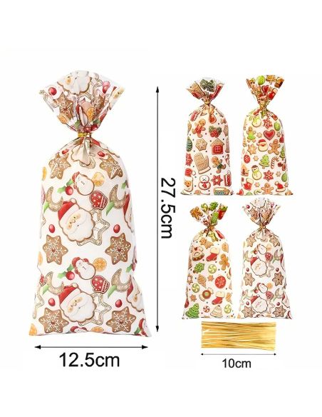 4 Sacs Cadeaux de Noël Transparent avec Attache – Motifs Festifs Père Noël & Pain d’Épices (27,5 x 12,5 cm)