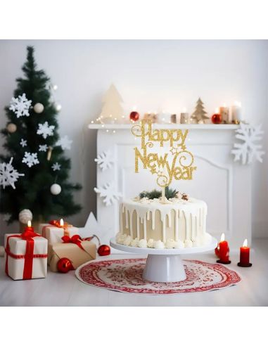 Topper Gâteau “Happy New Year” Doré – Décoration de Gâteau Nouvel An avec Pic en Bois (14,5 x 13 cm)