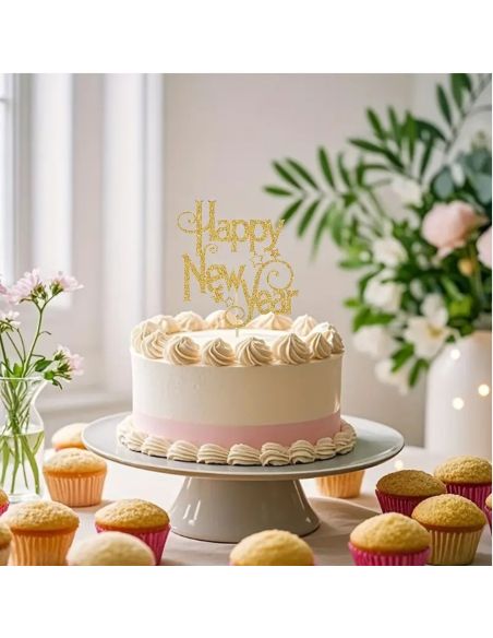 Topper Gâteau “Happy New Year” Doré – Décoration de Gâteau Nouvel An avec Pic en Bois (14,5 x 13 cm)