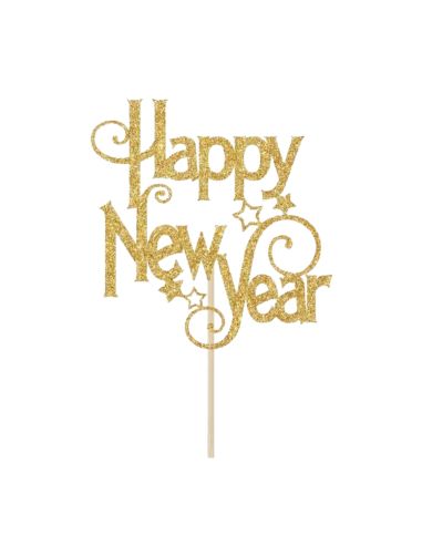 Topper Gâteau “Happy New Year” Doré – Décoration de Gâteau Nouvel An avec Pic en Bois (14,5 x 13 cm)