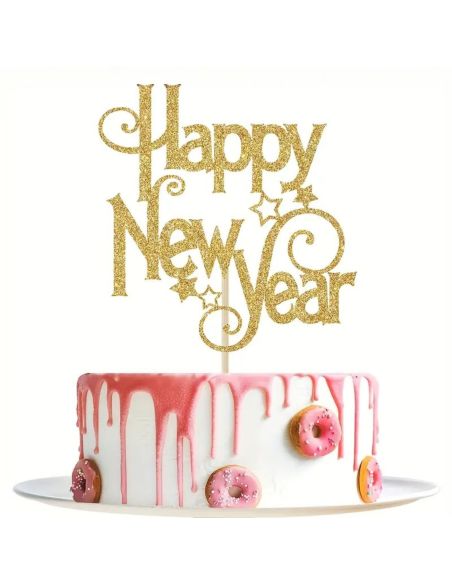 Topper Gâteau “Happy New Year” Doré – Décoration de Gâteau Nouvel An avec Pic en Bois (14,5 x 13 cm)