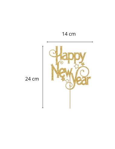 Topper Gâteau “Happy New Year” Doré – Décoration de Gâteau Nouvel An avec Pic en Bois (14,5 x 13 cm)