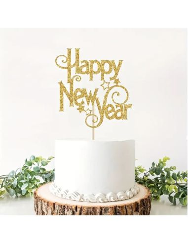 Topper Gâteau “Happy New Year” Doré – Décoration de Gâteau Nouvel An avec Pic en Bois (14,5 x 13 cm)