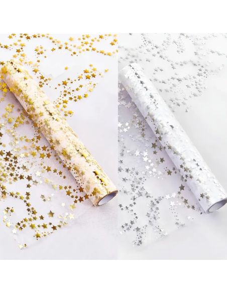 Chemin de Table Brillant Motif Étoilé – Doré ou Argenté – Décoration de Table Festive (500 x 28 cm)