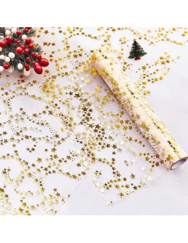 Chemin de Table Brillant Motif Étoilé – Doré ou Argenté – Décoration de Table Festive (500 x 28 cm)