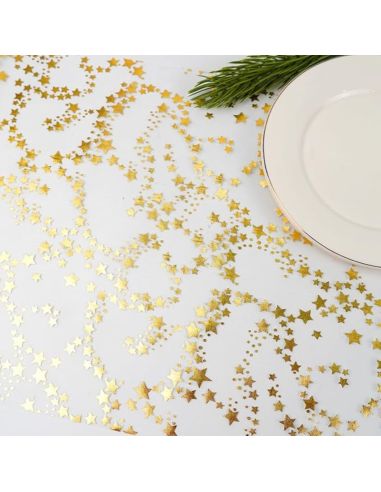 Chemin de Table Brillant Motif Étoilé – Doré ou Argenté – Décoration de Table Festive (500 x 28 cm)