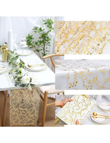 Chemin de Table Brillant Motif Étoilé – Doré ou Argenté – Décoration de Table Festive (500 x 28 cm)