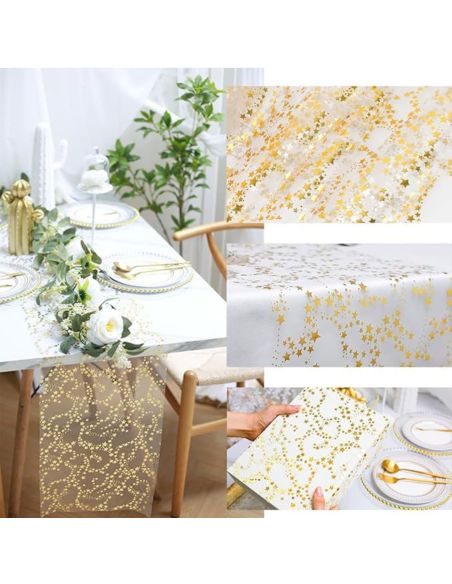 Chemin de Table Brillant Motif Étoilé – Doré ou Argenté – Décoration de Table Festive (500 x 28 cm)