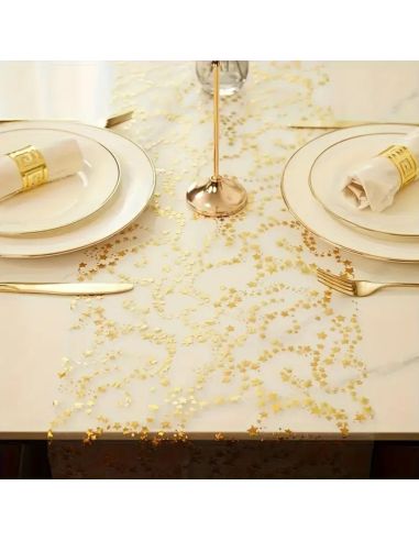 Chemin de Table Brillant Motif Étoilé – Doré ou Argenté – Décoration de Table Festive (500 x 28 cm)