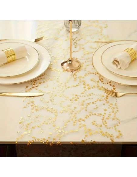 Chemin de Table Brillant Motif Étoilé – Doré ou Argenté – Décoration de Table Festive (500 x 28 cm)