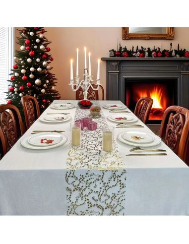 Chemin de Table Brillant Motif Étoilé – Doré ou Argenté – Décoration de Table Festive (500 x 28 cm)