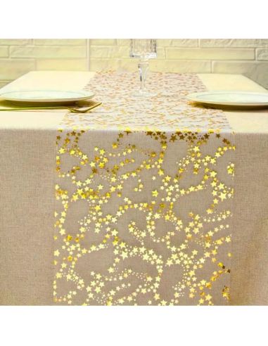 Chemin de Table Brillant Motif Étoilé – Doré ou Argenté – Décoration de Table Festive (500 x 28 cm)