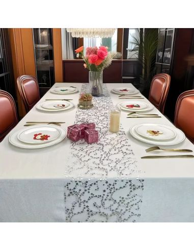 Chemin de Table Brillant Motif Étoilé – Doré ou Argenté – Décoration de Table Festive (500 x 28 cm)
