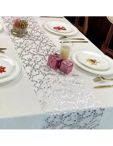 Chemin de Table Brillant Motif Étoilé – Doré ou Argenté – Décoration de Table Festive (500 x 28 cm)