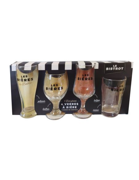 Coffret 4 verres à bière – "Les Bières du Bistrot" – Tulipe, Pilsner, Ballon, Nonic