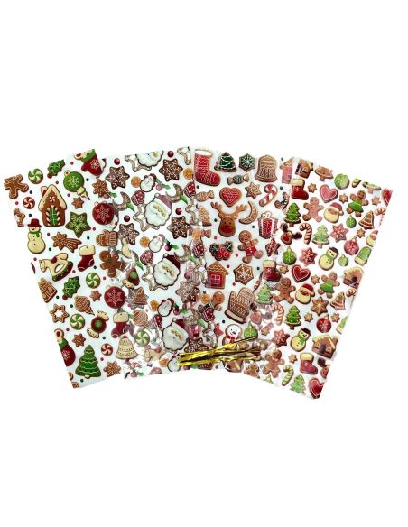 4 Sacs Cadeaux de Noël Transparent avec Attache – Motifs Festifs Père Noël & Pain d’Épices (27,5 x 12,5 cm)