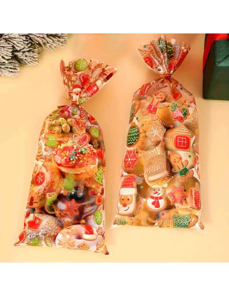 4 Sacs Cadeaux de Noël Transparent avec Attache – Motifs Festifs Père Noël & Pain d’Épices (27,5 x 12,5 cm)