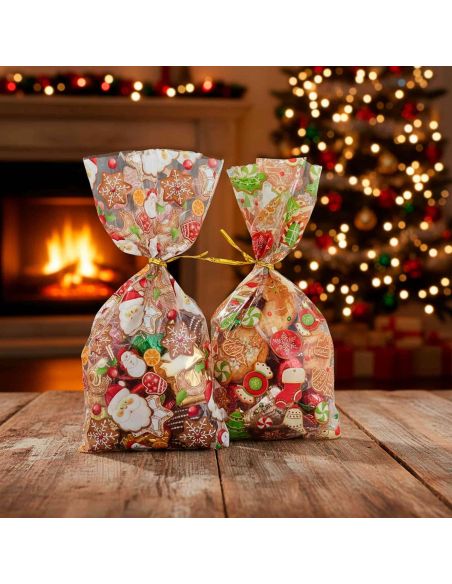 4 Sacs Cadeaux de Noël Transparent avec Attache – Motifs Festifs Père Noël & Pain d’Épices (27,5 x 12,5 cm)