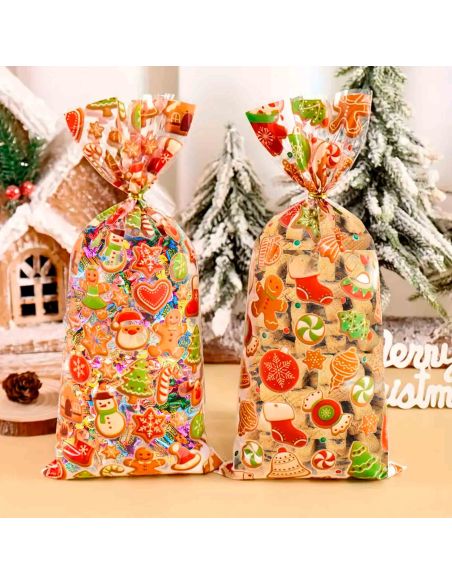 4 Sacs Cadeaux de Noël Transparent avec Attache – Motifs Festifs Père Noël & Pain d’Épices (27,5 x 12,5 cm)