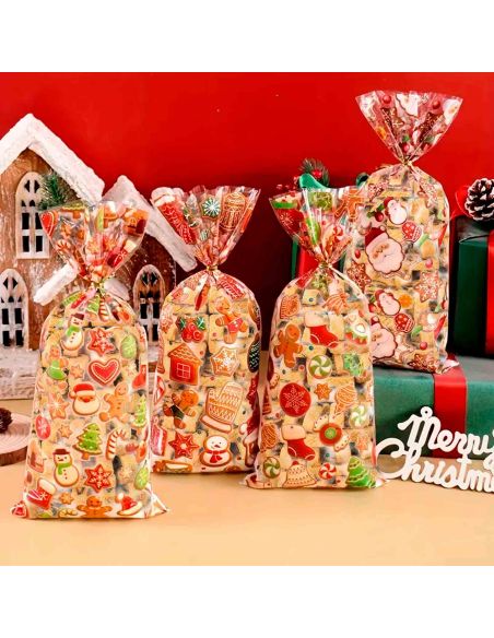 4 Sacs Cadeaux de Noël Transparent avec Attache – Motifs Festifs Père Noël & Pain d’Épices (27,5 x 12,5 cm)