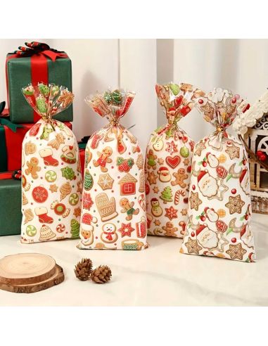 4 Sacs Cadeaux de Noël Transparent avec Attache – Motifs Festifs Père Noël & Pain d’Épices (27,5 x 12,5 cm)