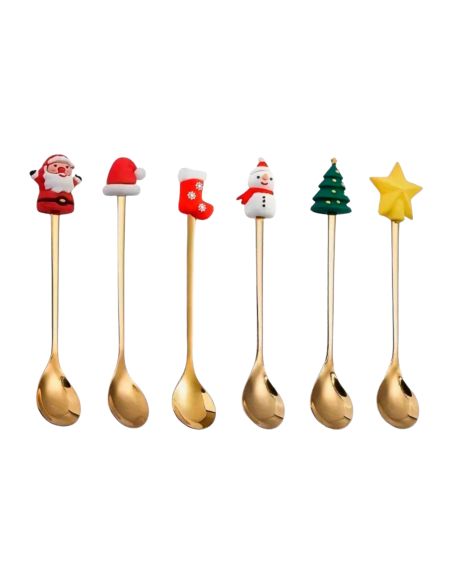 Lot de 6 cuillères de Noël en acier inoxydable (Argenté ou Doré)