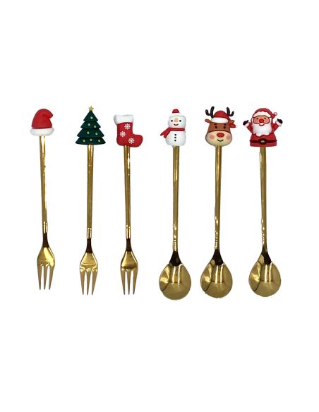 Lot de 3 cuillères et 3 mini fourchettes dorées de Noël – Acier inoxydable 16cm