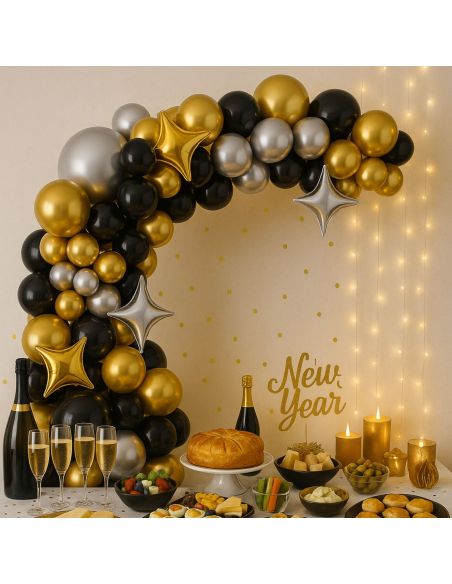 Kit Arche Ballons Or, Noir et Argenté - 121 Pièces