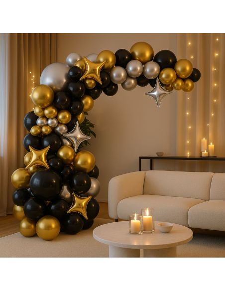Kit Arche Ballons Or, Noir et Argenté - 121 Pièces