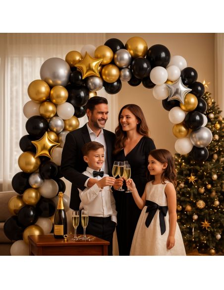 Kit Arche Ballons Or, Noir et Argenté - 121 Pièces