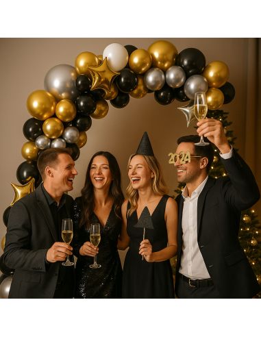 Kit Arche Ballons Or, Noir et Argenté - 121 Pièces