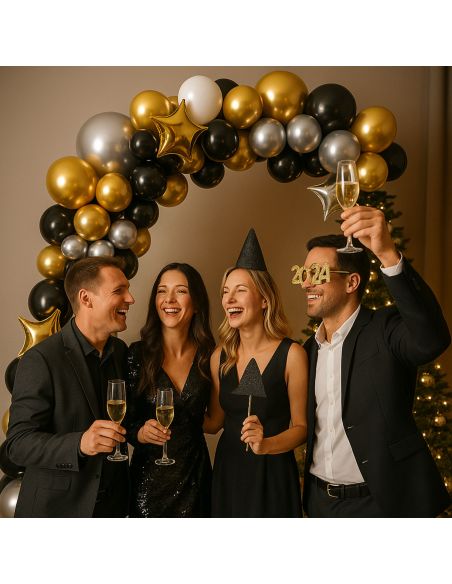 Kit Arche Ballons Or, Noir et Argenté - 121 Pièces