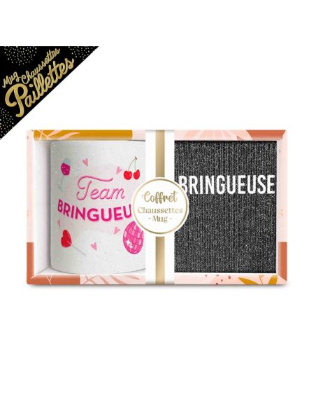 Coffret Mug Pailleté + Chaussettes Femme "Team Bringueuse"