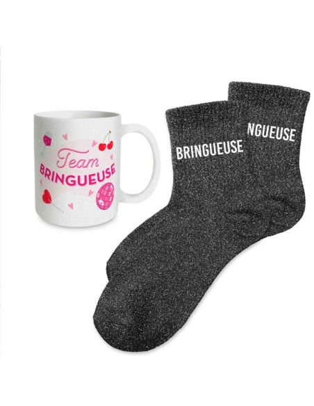 Coffret Mug Pailleté + Chaussettes Femme "Team Bringueuse"
