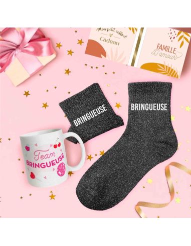 Coffret Mug Pailleté + Chaussettes Femme "Team Bringueuse"