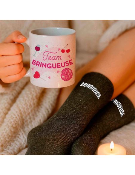 Coffret Mug Pailleté + Chaussettes Femme "Team Bringueuse"
