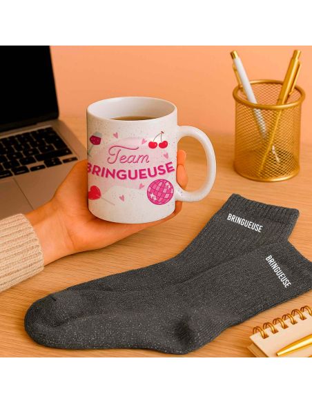 Coffret Mug Pailleté + Chaussettes Femme "Team Bringueuse"