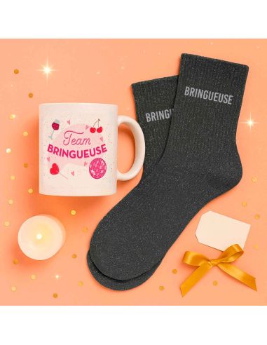 Coffret Mug Pailleté + Chaussettes Femme "Team Bringueuse"