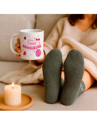 Coffret Mug Pailleté + Chaussettes Femme "Team Bringueuse"