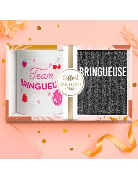 Coffret Mug Pailleté + Chaussettes Femme "Team Bringueuse"