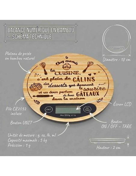 Balance de cuisine numérique en bois de bambou – 5 kg – Extinction automatique