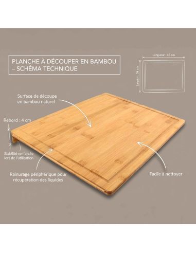 Planche à découper en bambou avec rigole – 45 x 34 cm, antidérapante